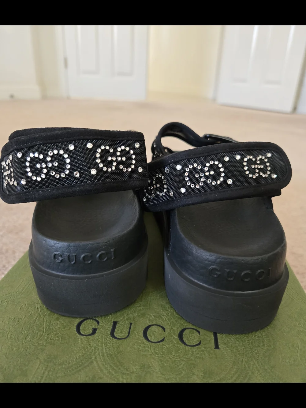 Gucci Womens Black Crystal-Embellished Logo Sandals